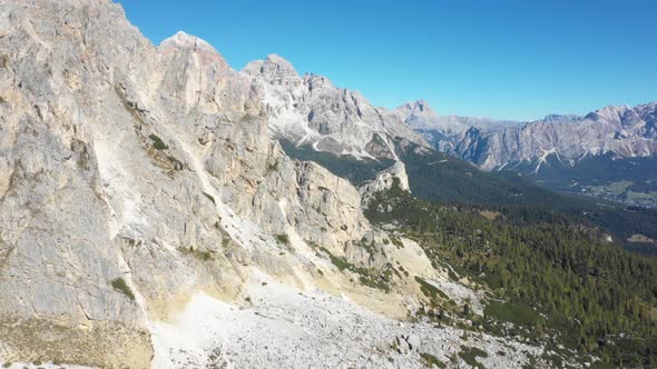 Aerial and panoramic view of Dolomites mountains in the Alps in Italy alt