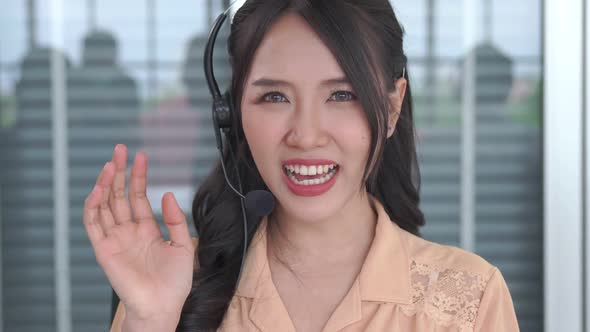 Video Call Camera View of Businesswoman Talks Actively in Videoconference alt