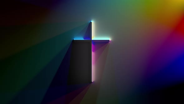Sleek 3D Holy Cross On Wall with Looping Prismatic Lighting Rotating Around Background