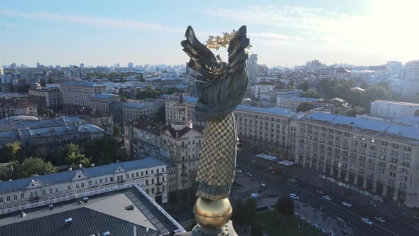 Monument in the Center of Kyiv, Ukraine. Maidan. Aerial View alt
