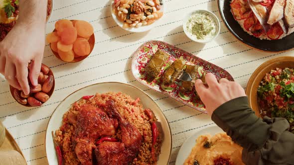 Kabsa Hummus Maqluba Maqluba Tabbouleh Top View Middle Eastern National Traditional Food on Table alt