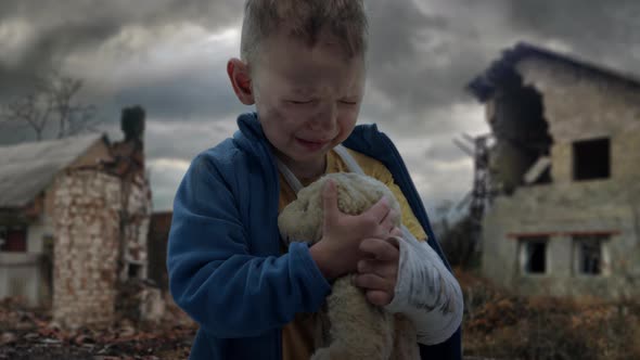 Scared little boy crying. Little Ukrainian patriot. No war with Ukraine.