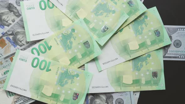 Dollars Euros Rubles Paper Money Banknotes Value Covering Black Background alt