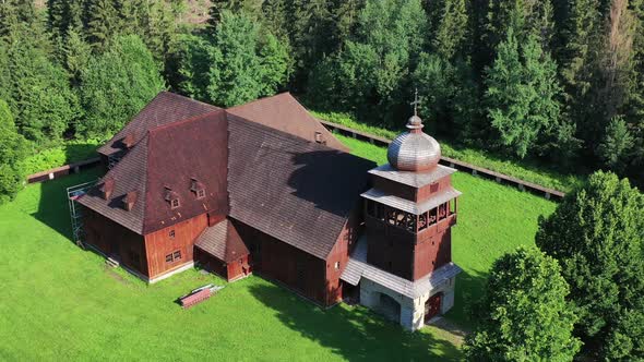 Aerial view of the Articular wooden church in the village of Svaty Kriz in Slovakia alt