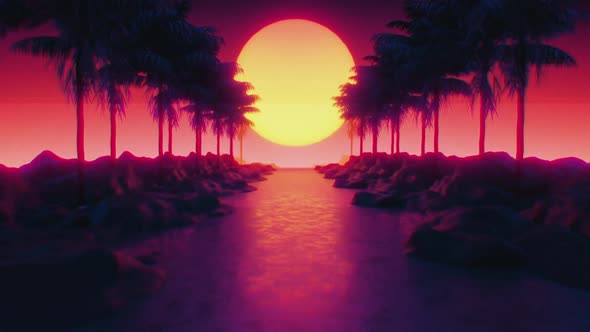 Palm Tree and Sunset, 80's Retrowave Background