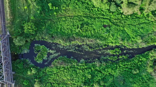 Aerial View of Railway Bridge Across the River in the Early Morning alt
