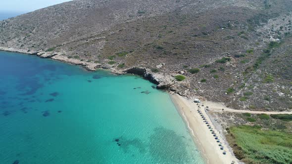 Mylopotas on the island of Ios in the Cyclades in Greece seen from the sky alt