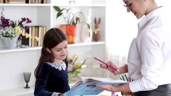 Young Teacher Explaining Exercise To Schoolgirl in Modern Library alt