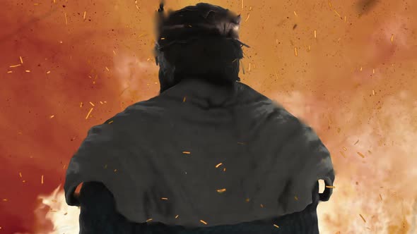 A King With A Crown Standing In A Middle Of A Fire alt
