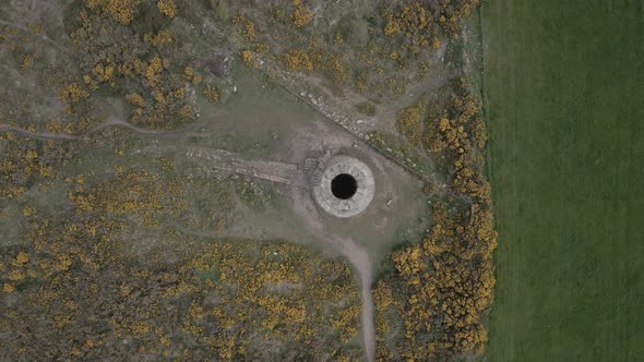 Aerial Top Down View Of The Ruin Of The Flue Chimney - Ballycorus Leadmines Tower In Dublin, Ireland alt