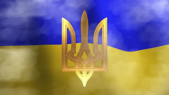National coat of arms and flag of ukraine in smoke.