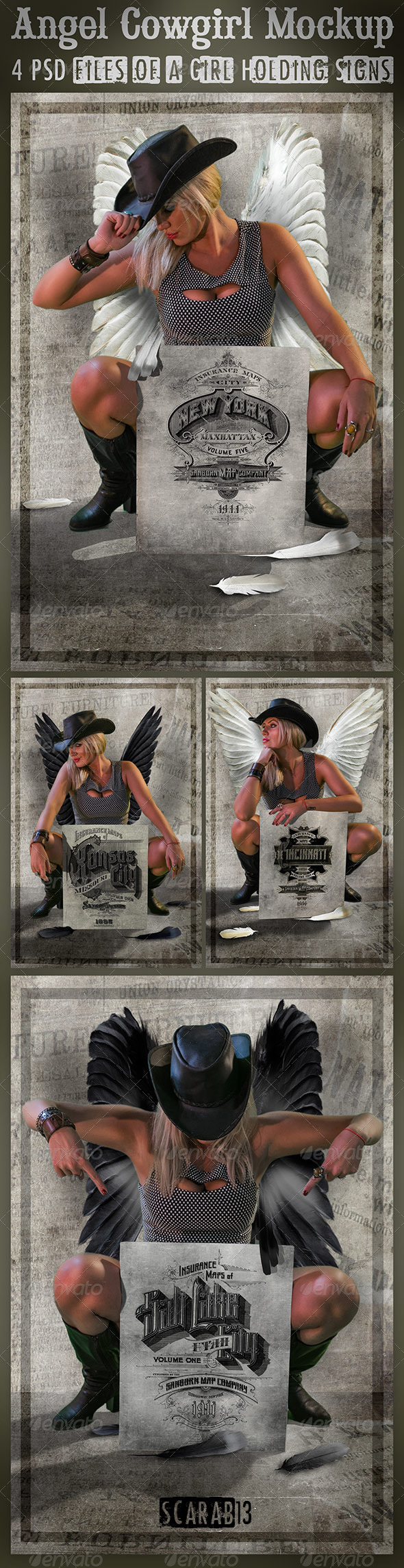 4 Templates of a Cowgirl Angel Holding Signs - Signage Print
