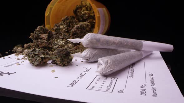 Panning view of medical marijuana sitting on RX sheet alt