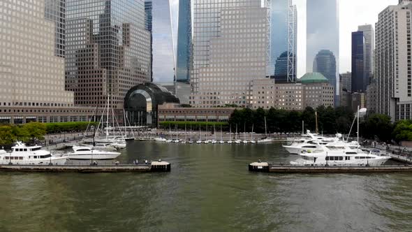 Aerial View of Boats Docked at the North Cove Marina, Hudson River, NYC alt