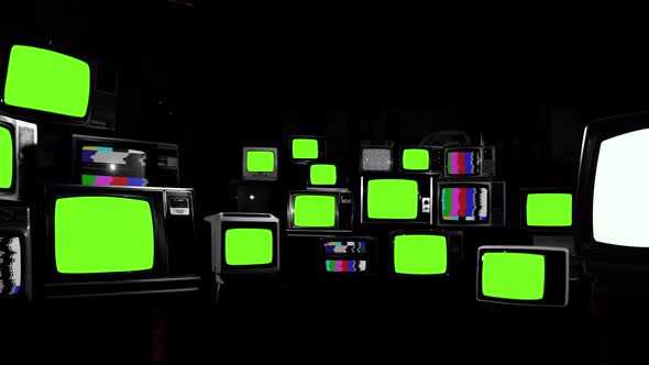 Stacked Retro TVs Turning On with Green Screens and Color Bars in Black and White Tone – 4K alt