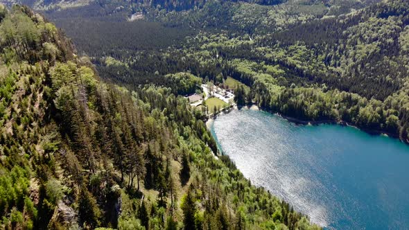 Beautiful view from the Signalkogel to the Lake Langbathsee and Mountains drone video alt