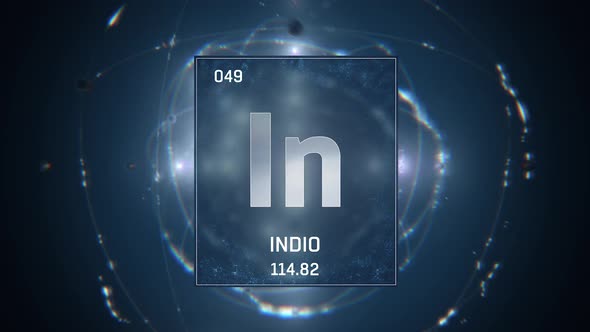 Indium as Element 49 of the Periodic Table on Blue Background in Spanish Language