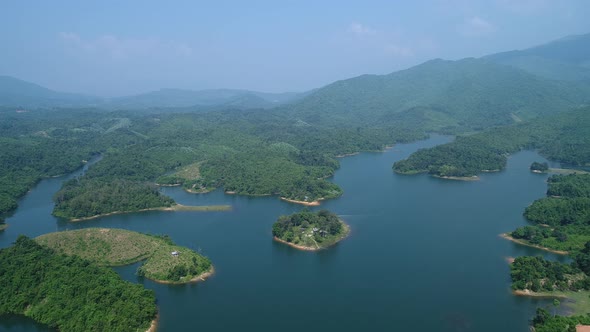 Vang Vieng water reserve in Laos from the sky alt