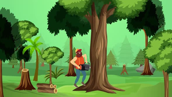 Lumberjack cutting big tree 4K animation