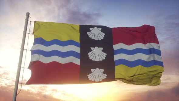 Bedfordshire Flag England Waving in the Wind Sky and Sun Background alt
