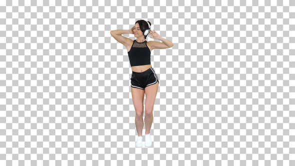 Young Happy Sportive Woman Listening Music, Alpha Channel alt