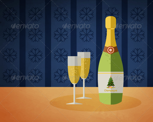 New Year's champagne bottle and two glasses - New Year Seasons/Holidays