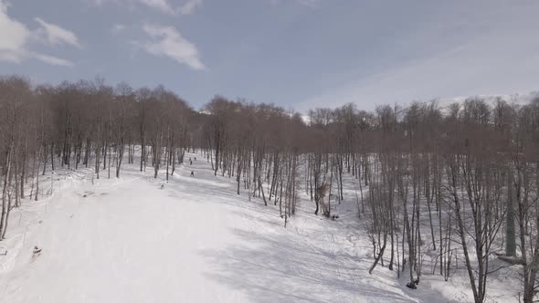 Aerial view of the ski resort with snowy mountain slopes and winter trees.  alt