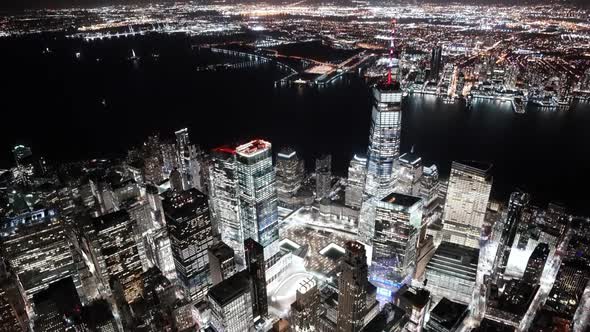 New York City, USA, Real-time video - Aerial video of the Financial district Night