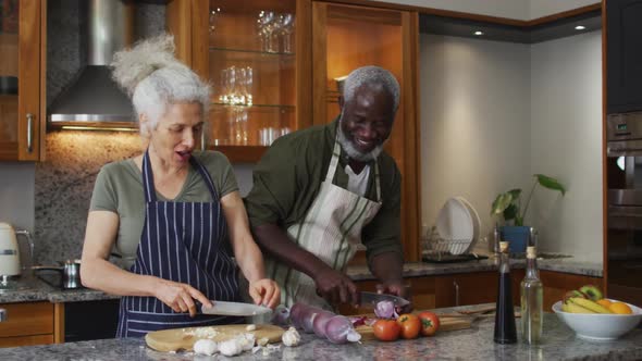 Sick mixed race senior couple wearing aprons chopping vegetables together in the kitchen at home alt