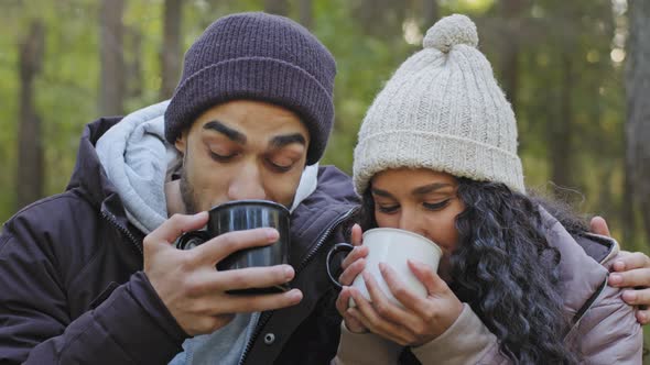 Closeup Funny Cute Couple in Love Hikers Stand Hugging in Autumn Forest Outdoor Recreation Romantic alt