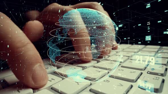 Man Working on Computer with Graphic of Mathematics Coding Modernization alt