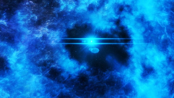 Travel Through Abstract Blue Nebula in Outer Space