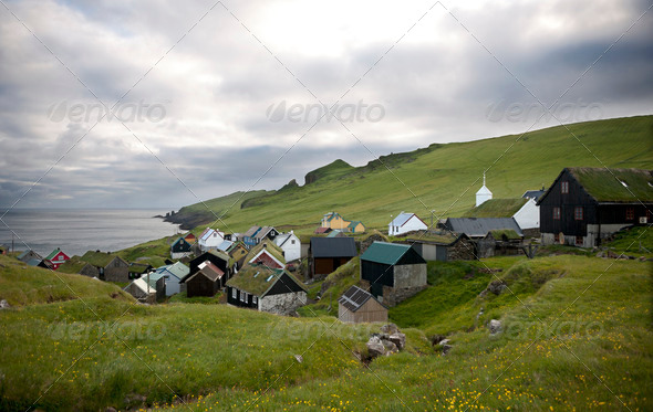Houses in the village of the Island Mykines, Faroe Islands - Stock Photo - Images