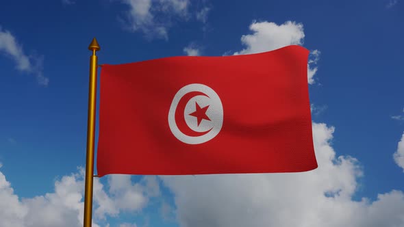 National flag of Tunisia waving with flagpole and blue sky timelapse alt