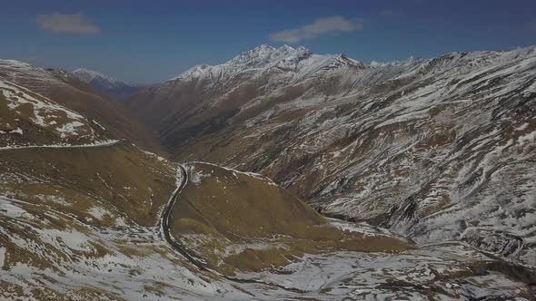 Aerial view of mountains near Datvijvari Pass in Khevsureti. Georgia alt