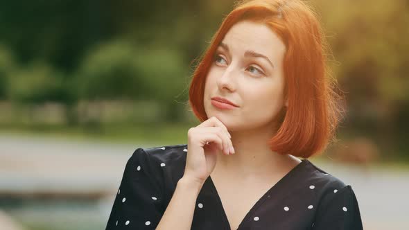 Caucasian Thoughtful Creative Woman Redhead Young Girl Student Thinking Choose Ponder Planning Holds alt