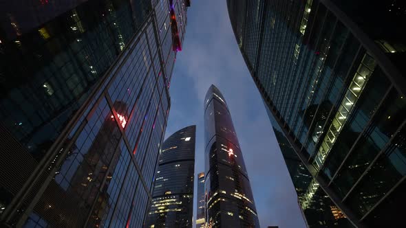 A Huge Business Center of Several Highrise Towers at Night