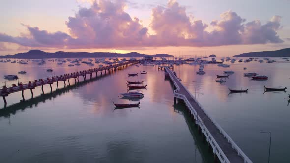 Phuket sea sunrise sky. Aerial view of chalong bay with many boats yachts,longtail fishing boats alt