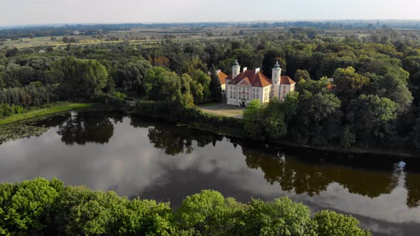 Aerial Drone Footage, Ancient Castle in the Forest By the River