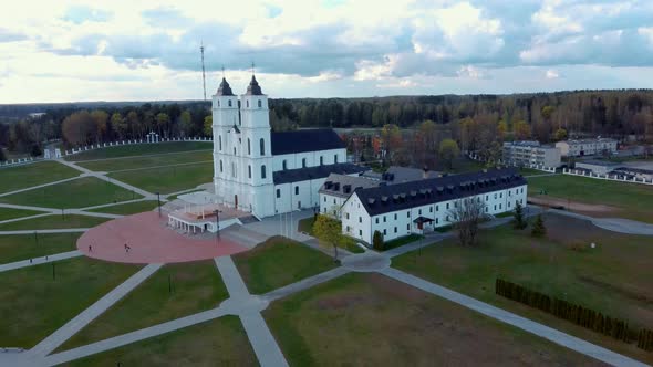 Majestic Aglona Cathedral in Latvia. White Chatolic Church Basilica. Aerial Dron 4K Shot alt