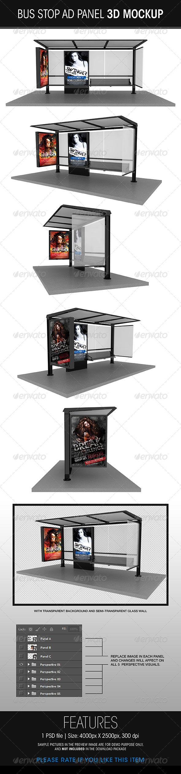 Bus Stop Ad Panel 3D Mockup - Posters Print