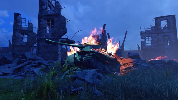 Burning Tank In The Ruined City