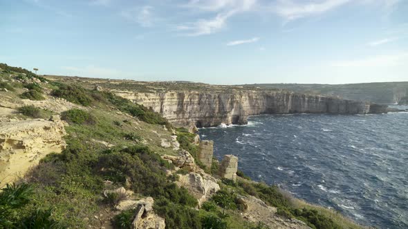 Panoramic View of Mediterranean Sea with Azure Window Remains in Distance on Gozo Island