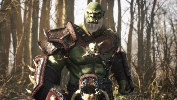 Orc Warrior Runs Through The Forest