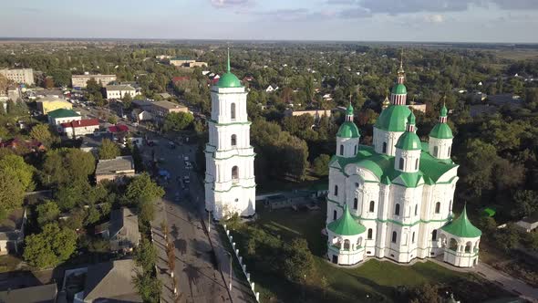Aerail view to Cathedral Nativity Blessed Virgin in Kozelets, Chernihiv region, Ukraine alt