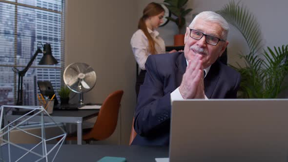 Cunning Senior Businessman Grandfather Company Director Rubbing Hands Waiting for Money Income alt