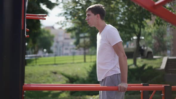 Side View Portrait of Focused Young Sportsman Training Hand Muscles on Gymnastic Set Outdoors alt