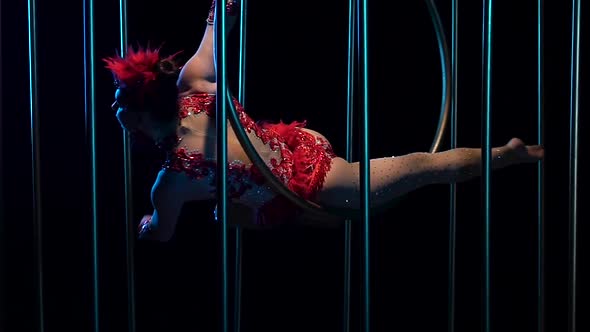 Actress a Girl in a Red Shiny Costume on a Gymnastic Hoop alt