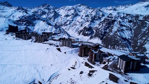 Panoramic view of Ski station centre resort at snowy Andes Mountains. alt