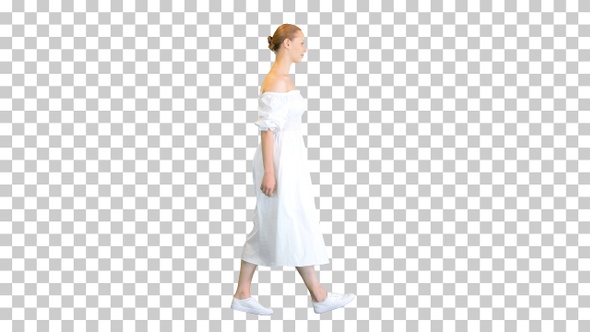 Young woman in white dress walking, Alpha Channel alt